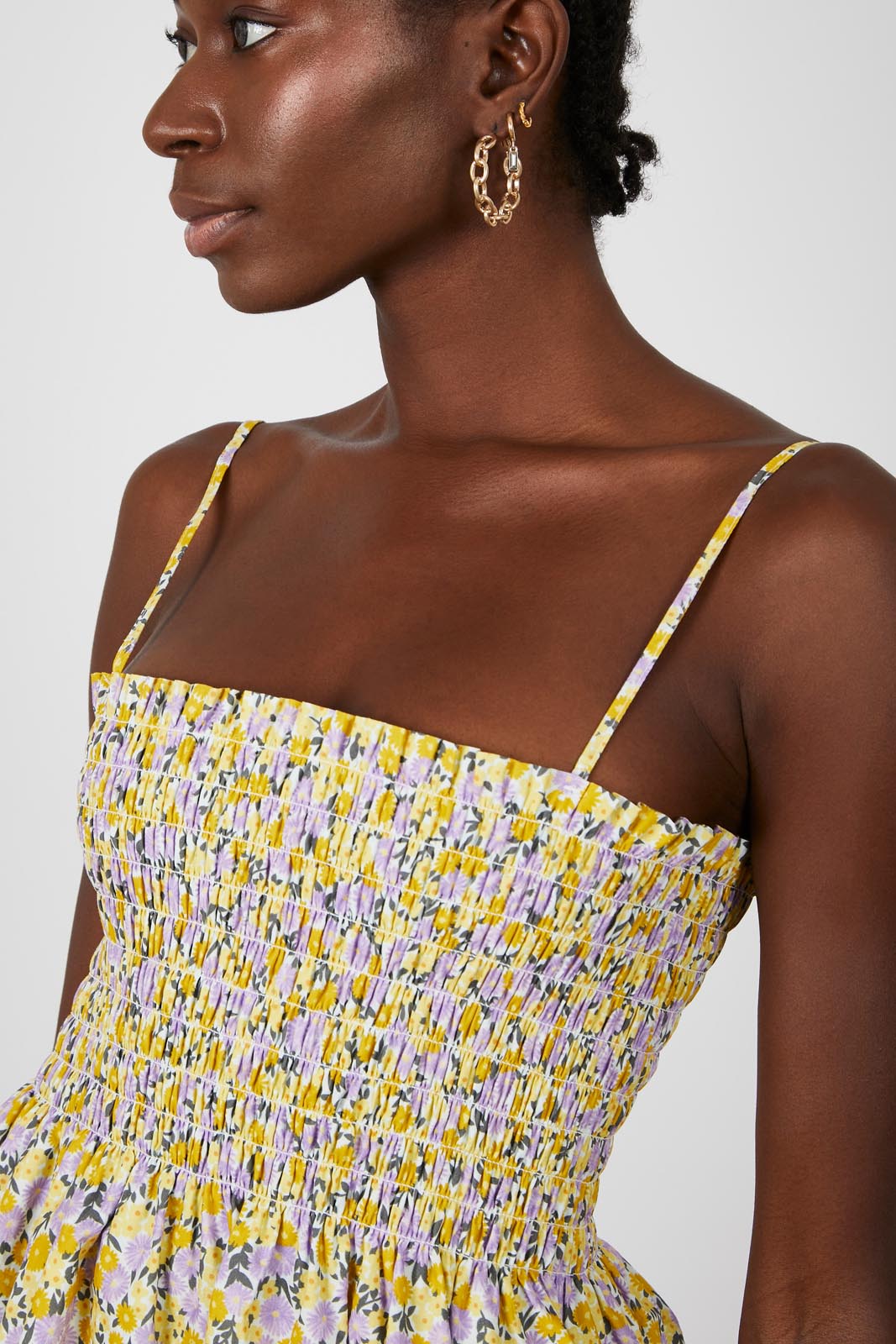 Orange and lilac floral print ruched bodice midi dress_2