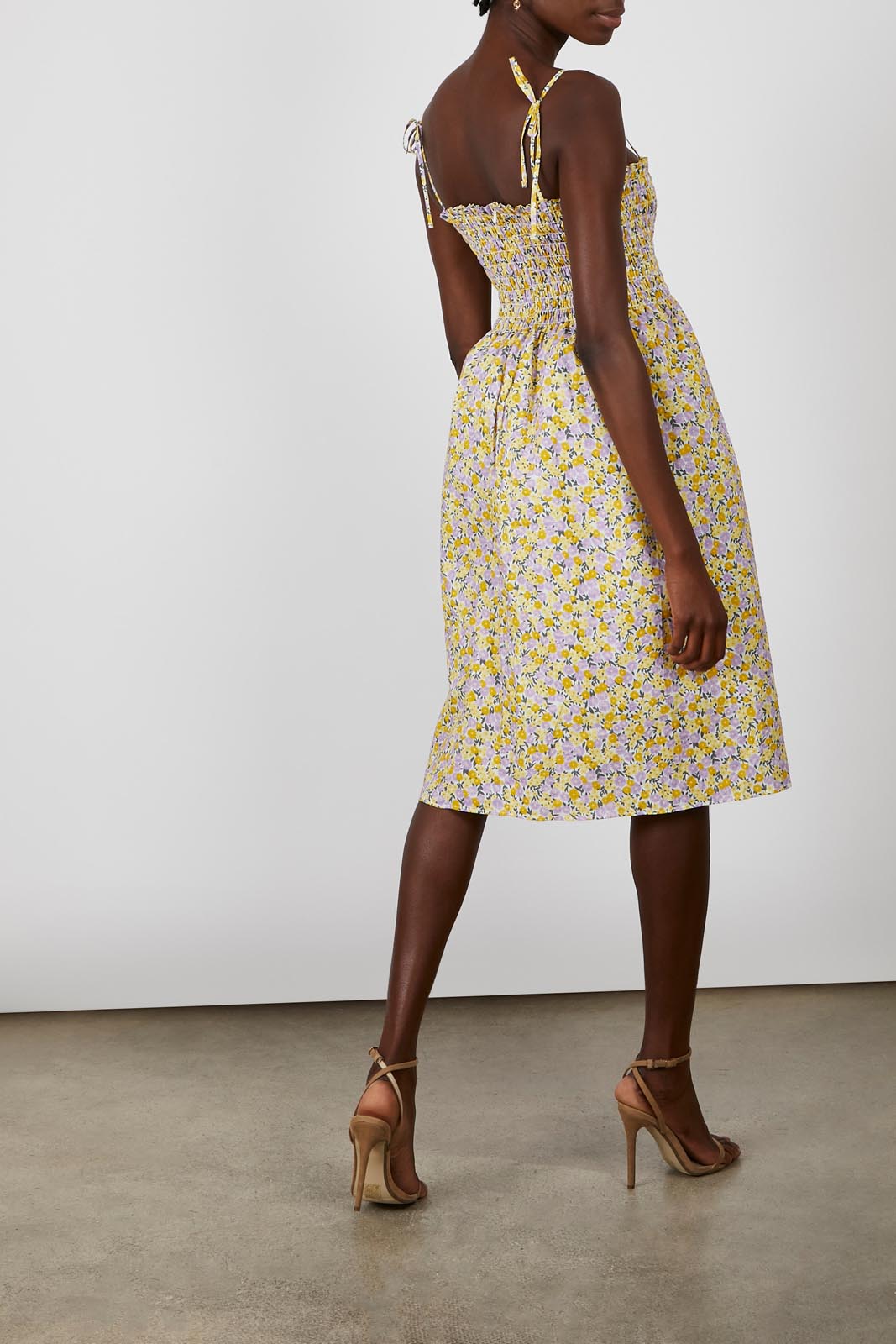 Orange and lilac floral print ruched bodice midi dress_5