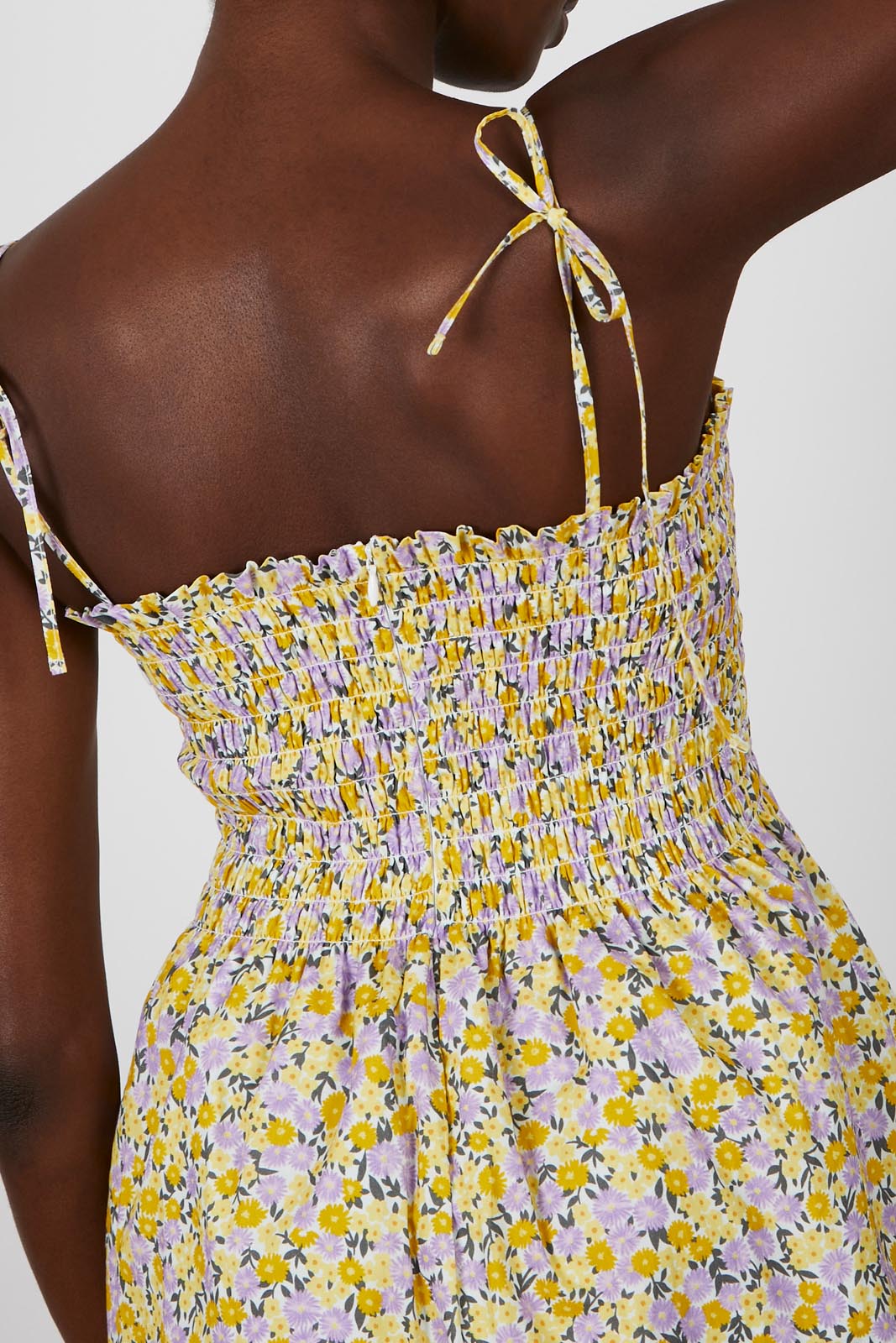 Orange and lilac floral print ruched bodice midi dress_6