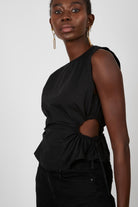 Black ruched cutout sleeveless blouse_1