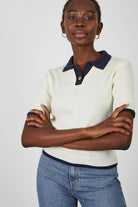 Ivory and navy contrast trim knit polo_1