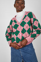 Pink and green argyle intarsia cardigan_1