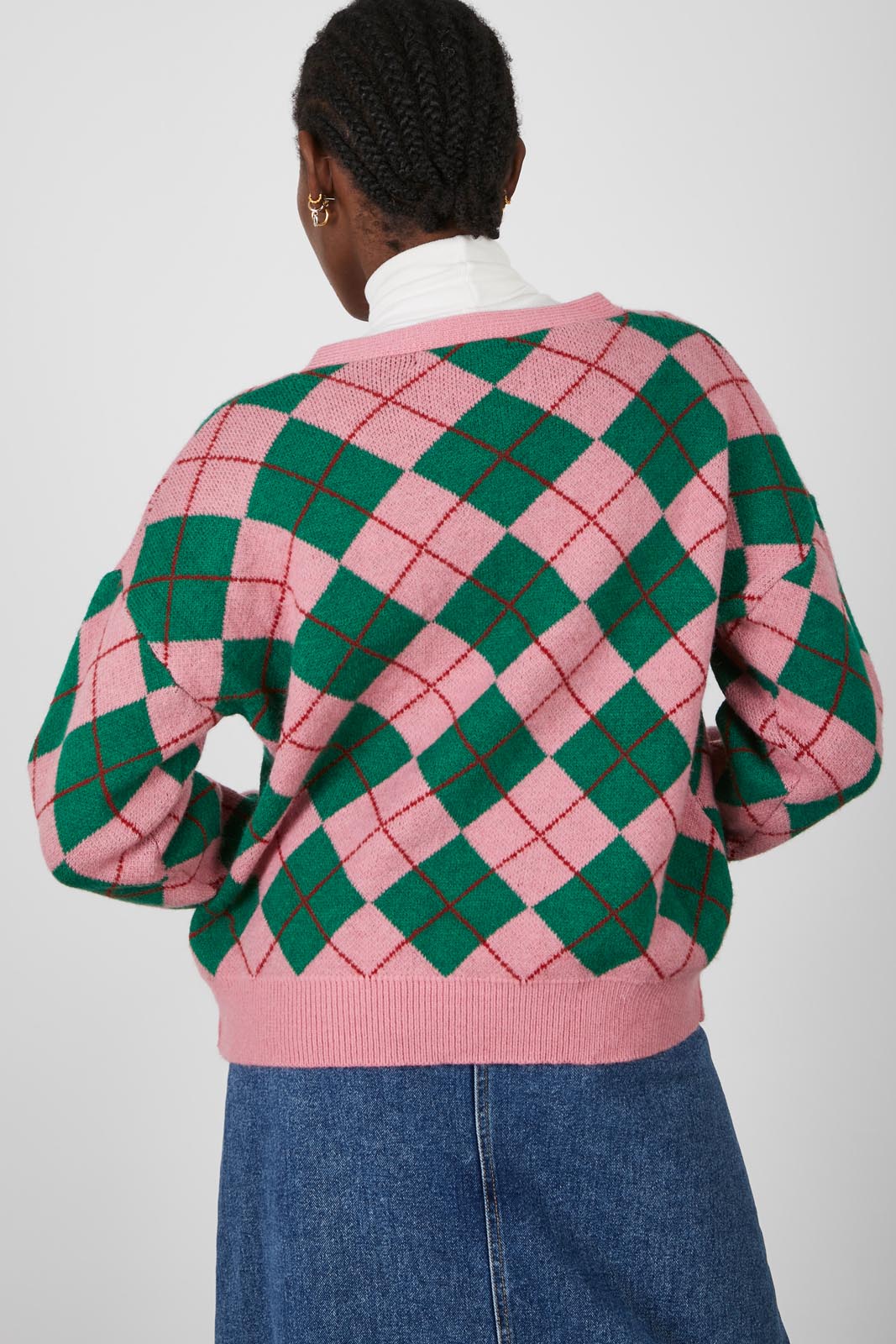 Pink and green argyle intarsia cardigan_5