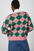 Pink and green argyle intarsia cardigan_5