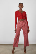 Rust orange ruffle trim button up top_6