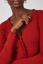 Rust orange ruffle trim button up top_2