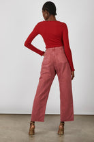 Rust orange ruffle trim button up top_7