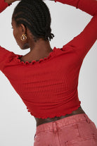 Rust orange ruffle trim button up top_5