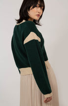Deep green and beige contrast trim cardigan_2