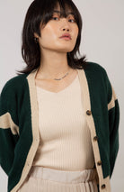 Deep green and beige contrast trim cardigan_4