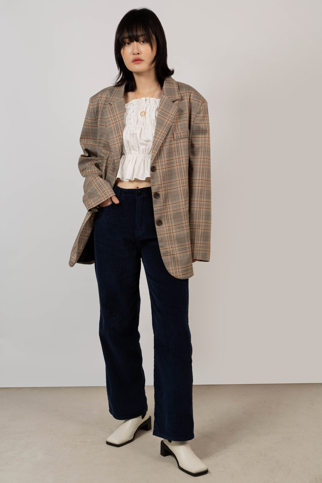 Brown bold check single breasted blazer_5