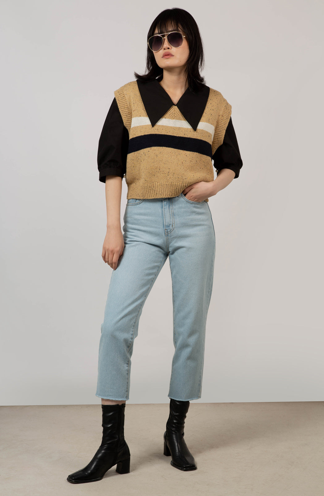 Mustard double stripe flecked knit vest_3