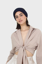 Beige linen plunging tie front shirt_5