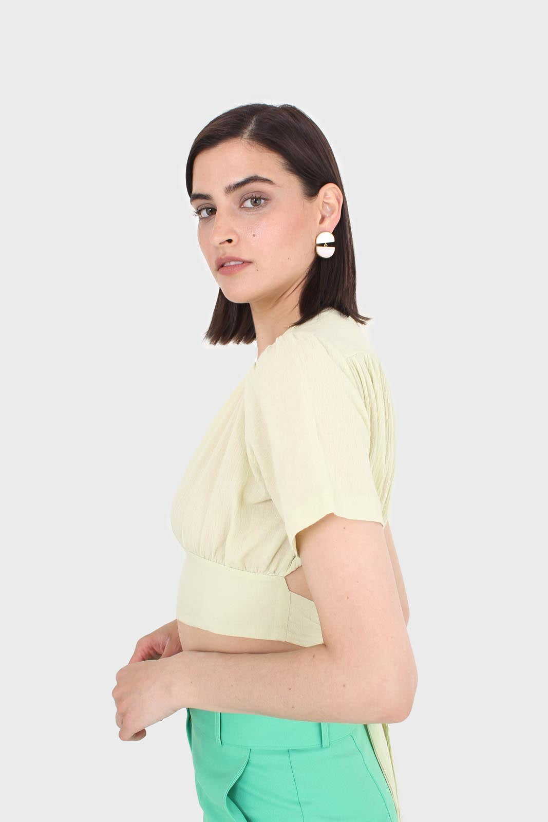 Light green deep V tie back cropped blouse_4