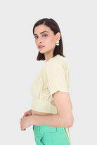 Light green deep V tie back cropped blouse_4