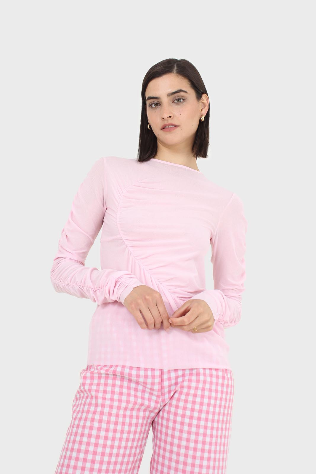 Pale pink sheer curved shirring top_1