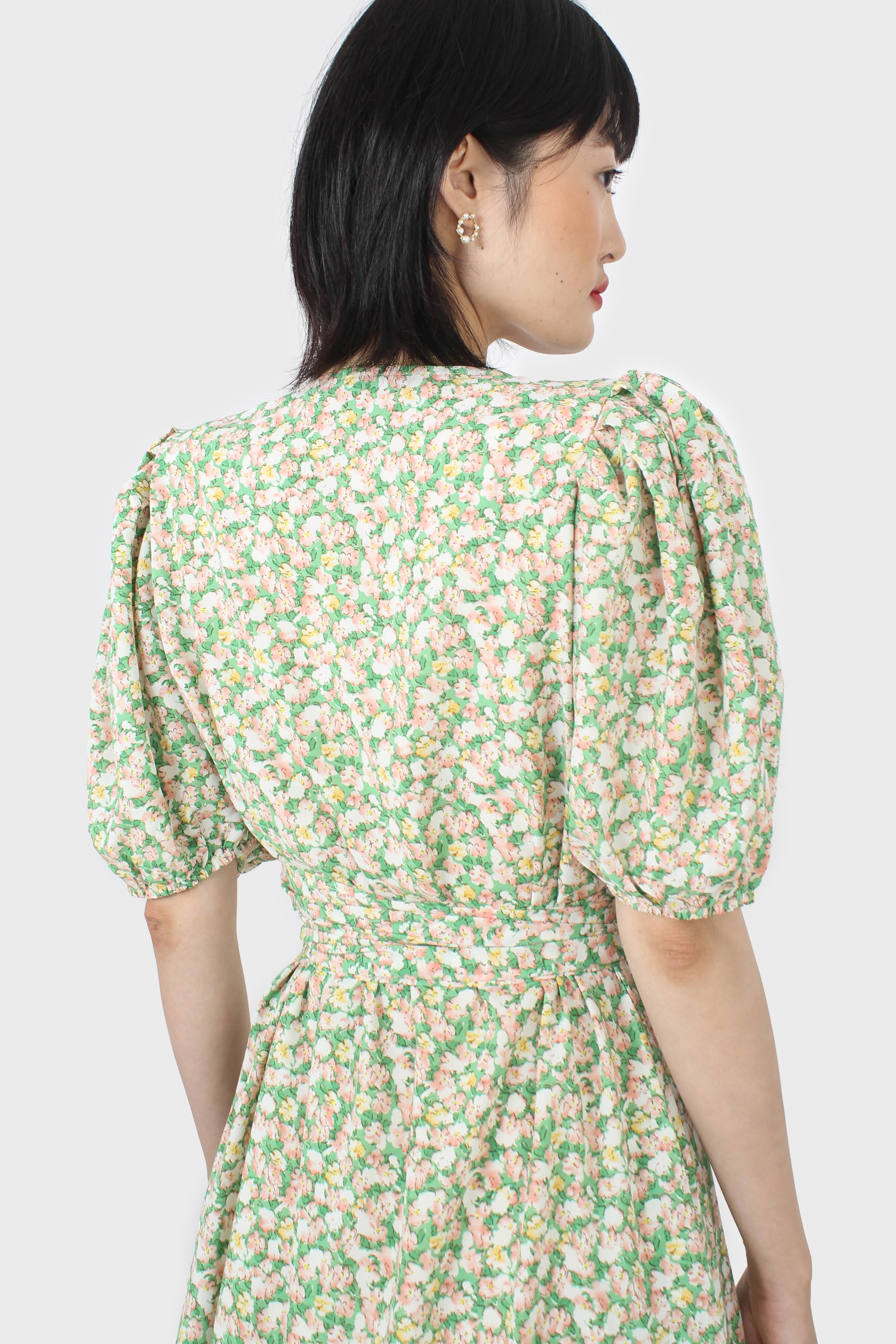 Green and pink floral wrap style midi dress_2