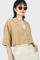 Tan cropped short sleeved boxy shirt_7