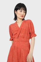 Orange and ivory floral puffed sleeve wrap mini dress_12