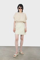 Beige ruched hem puff cropped top_5