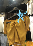 Yellow shirring front off shoulder top_1