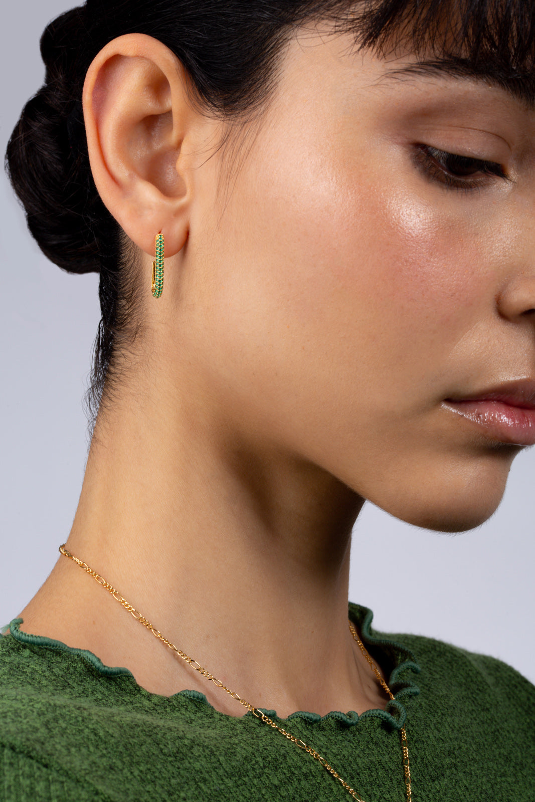 Gold and green diamante long hoop earrings_4