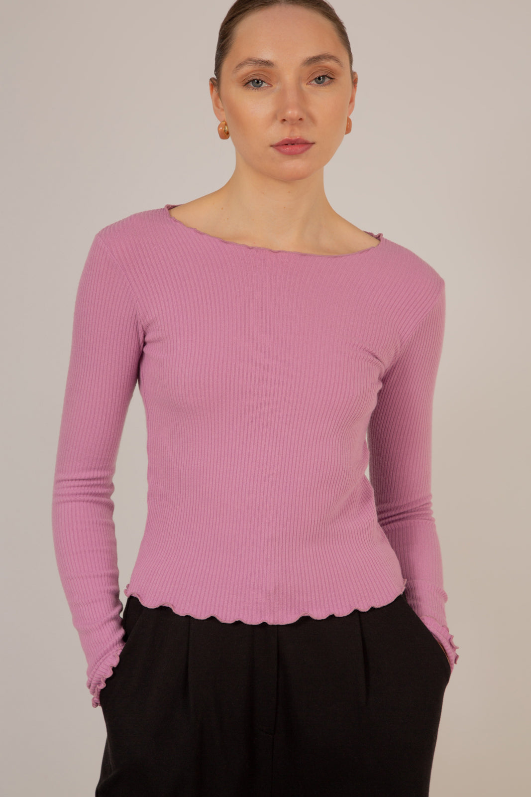 Pink ruffle trim ribbed top_6