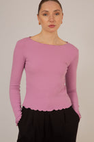 Pink ruffle trim ribbed top_6