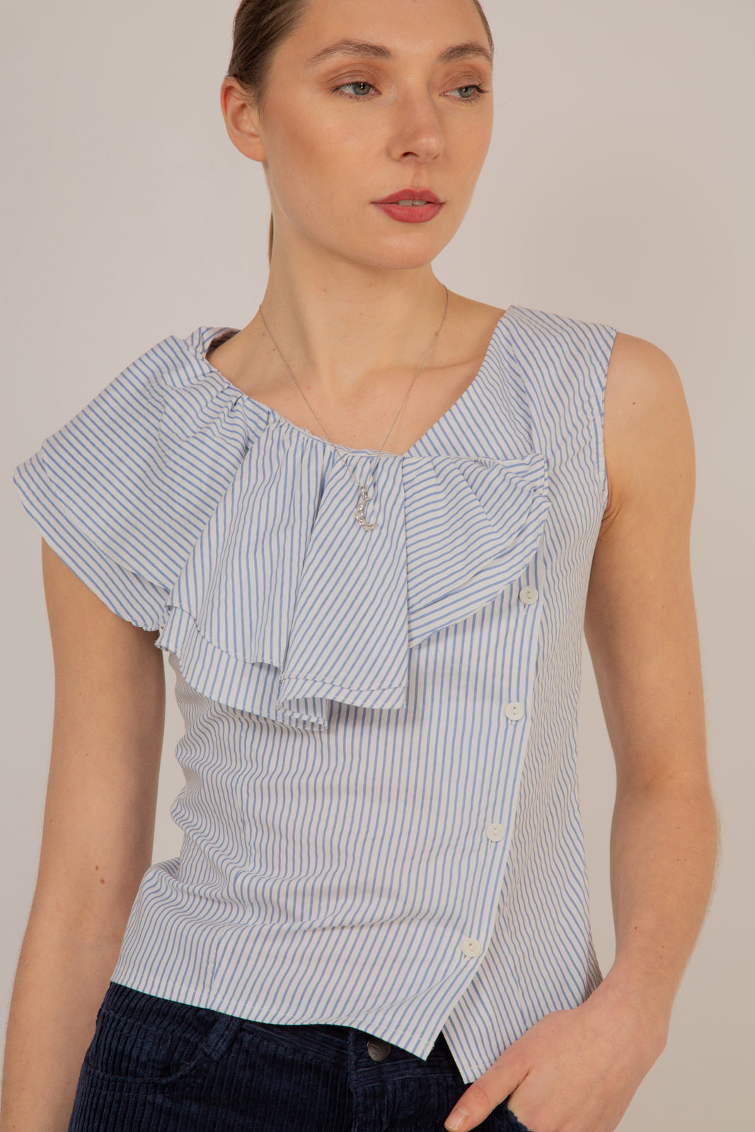 Blue and white striped asymmetric ruffle top_1