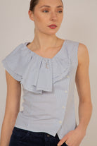 Blue and white striped asymmetric ruffle top_1