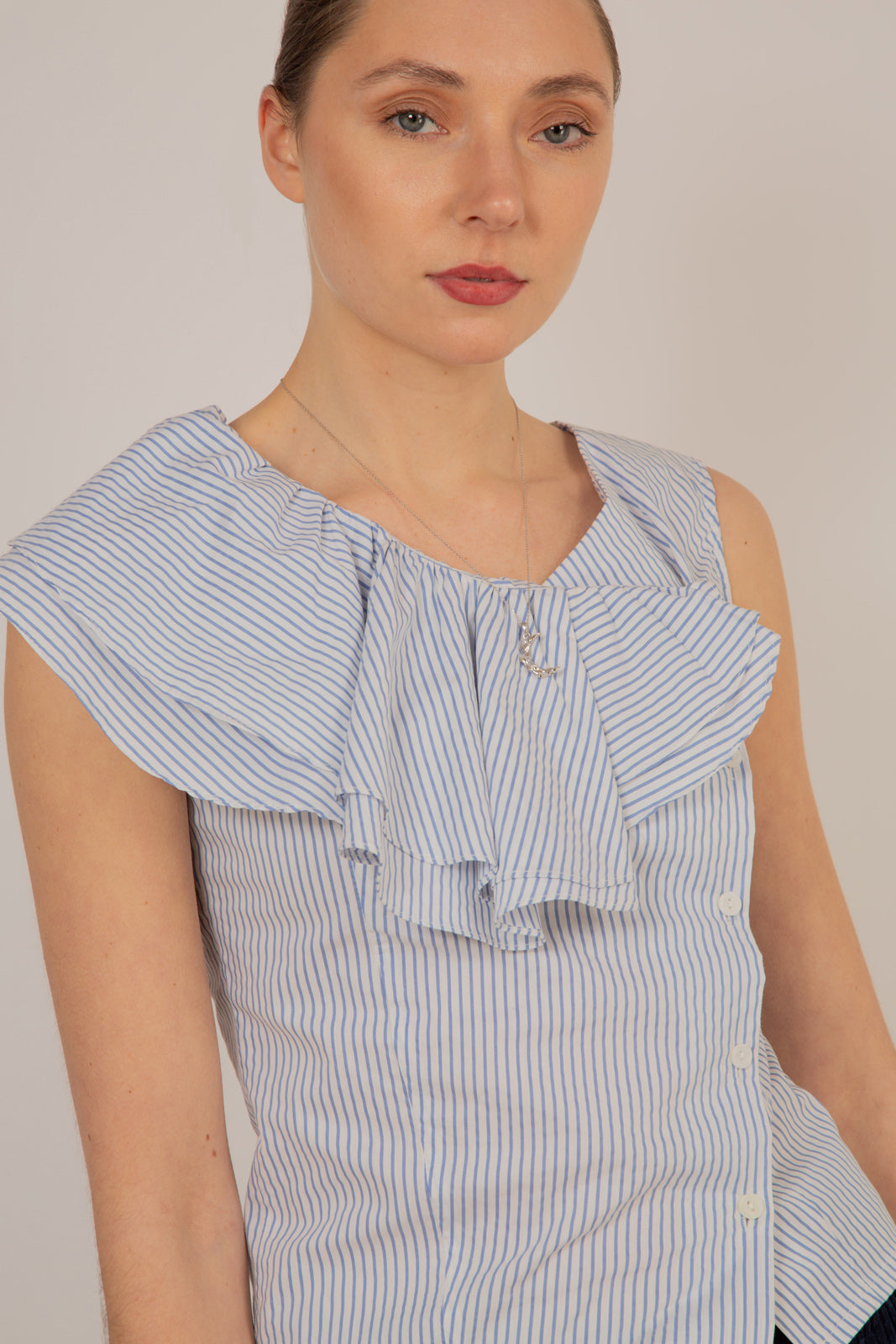 Blue and white striped asymmetric ruffle top_9