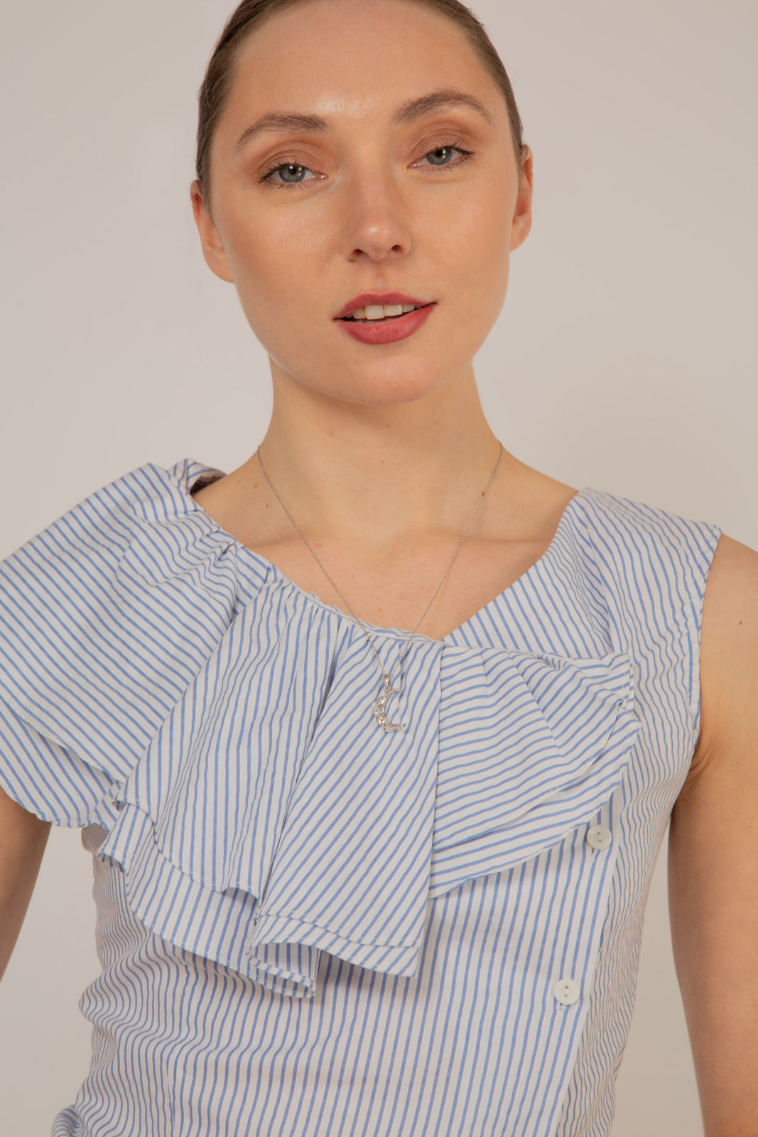 Blue and white striped asymmetric ruffle top_2