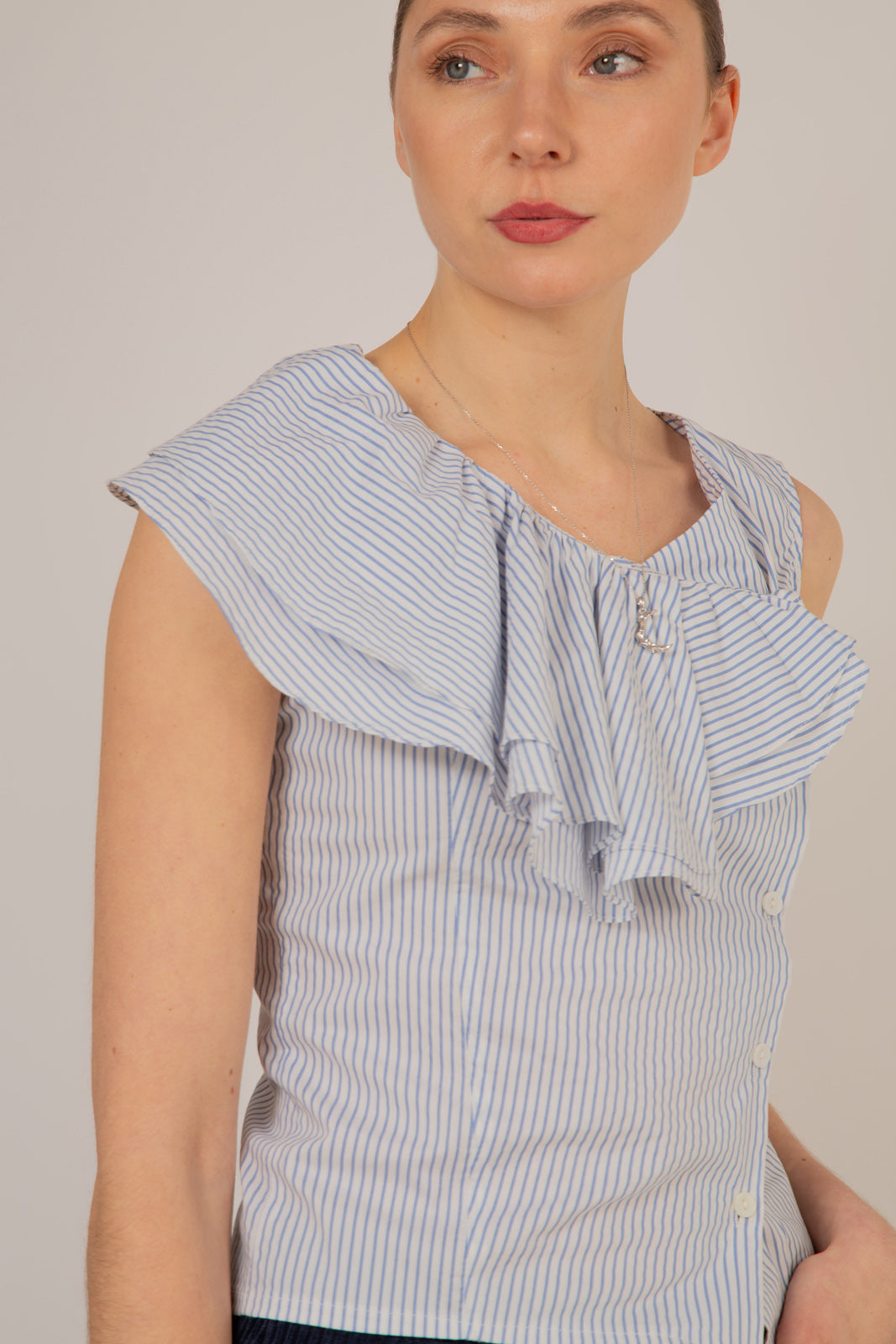 Blue and white striped asymmetric ruffle top_4