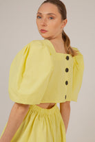 Yellow puff sleeve button back midi dress_2