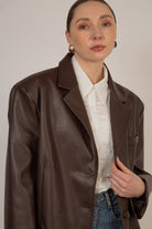Brown vegan leather single breasted blazer_4