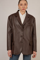 Brown vegan leather single breasted blazer_1