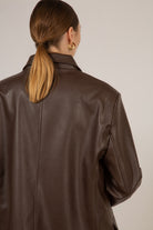 Brown vegan leather single breasted blazer_11