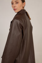 Brown vegan leather single breasted blazer_9