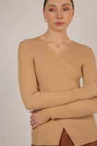 Beige ribbed cross front knit top_1