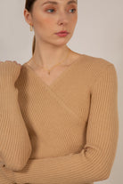 Beige ribbed cross front knit top_2