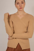 Beige ribbed cross front knit top_3