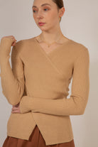 Beige ribbed cross front knit top_4