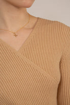 Beige ribbed cross front knit top_6