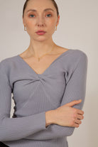 Blue twist front ribbed knit top_1