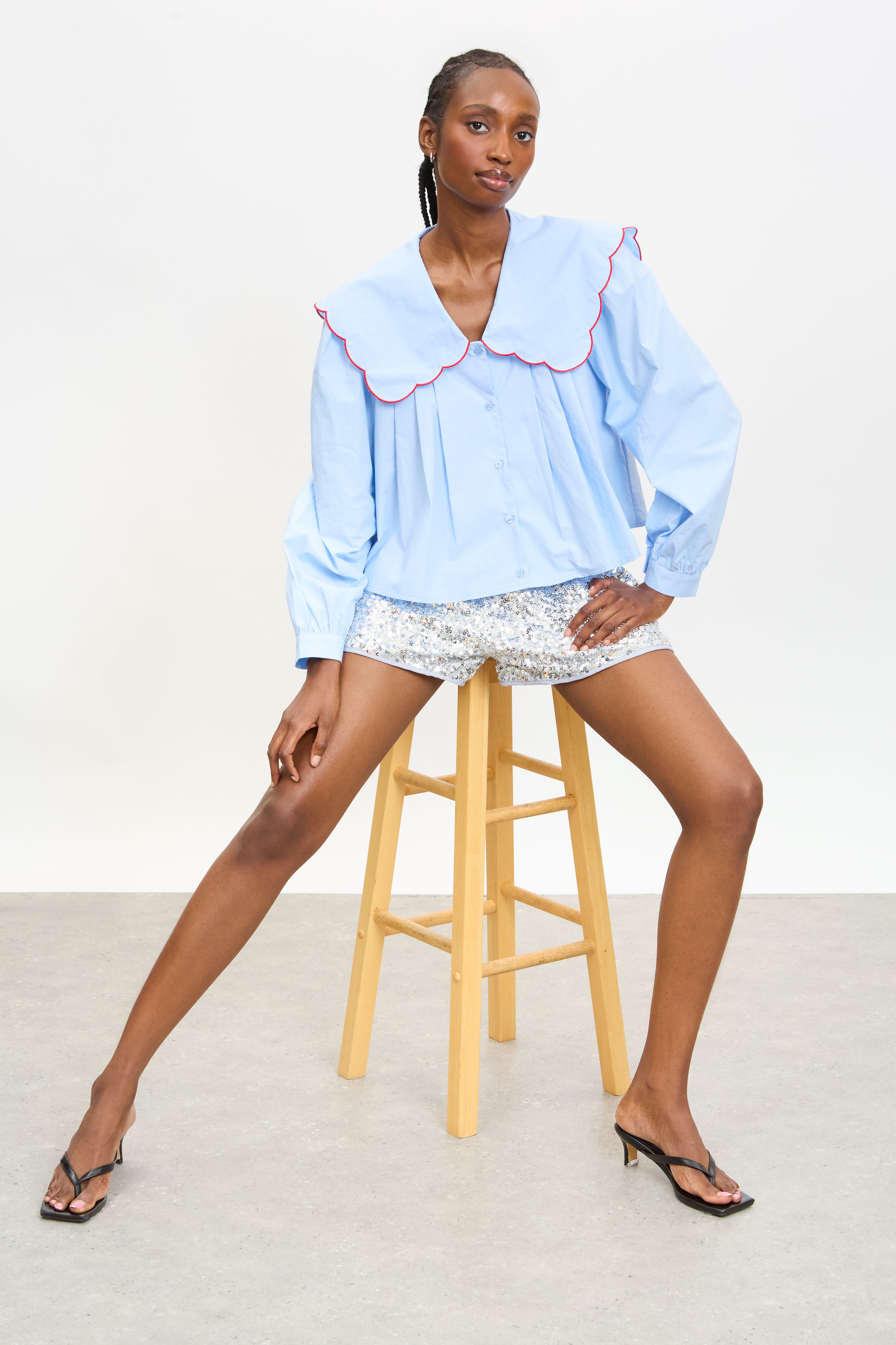 Baby blue contrast trim scalloped giant collar shirt | Glassworks