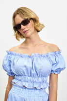 Baby blue gingham ruched off shoulder top_1