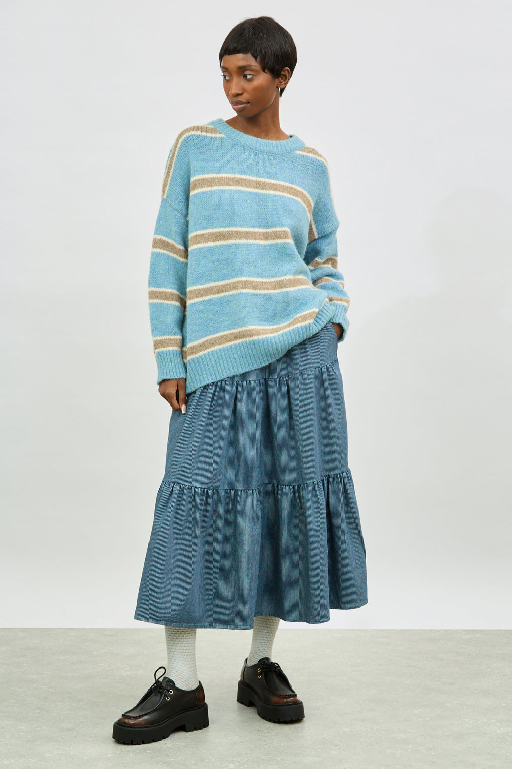 Baby blue grey and white thick stripe jumper