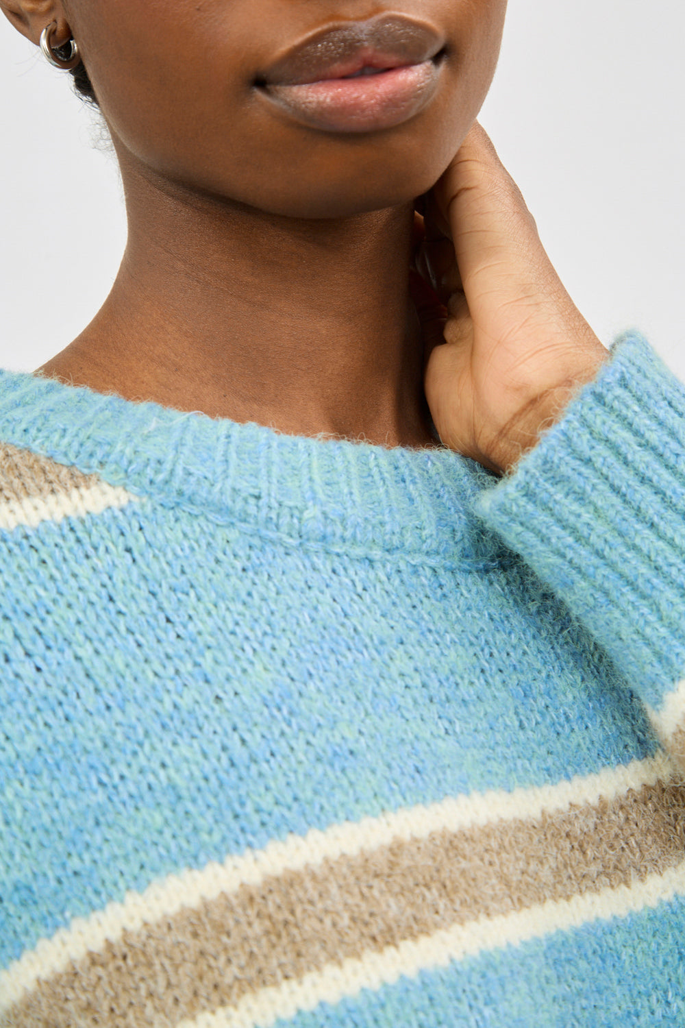 Baby blue grey and white thick stripe jumper