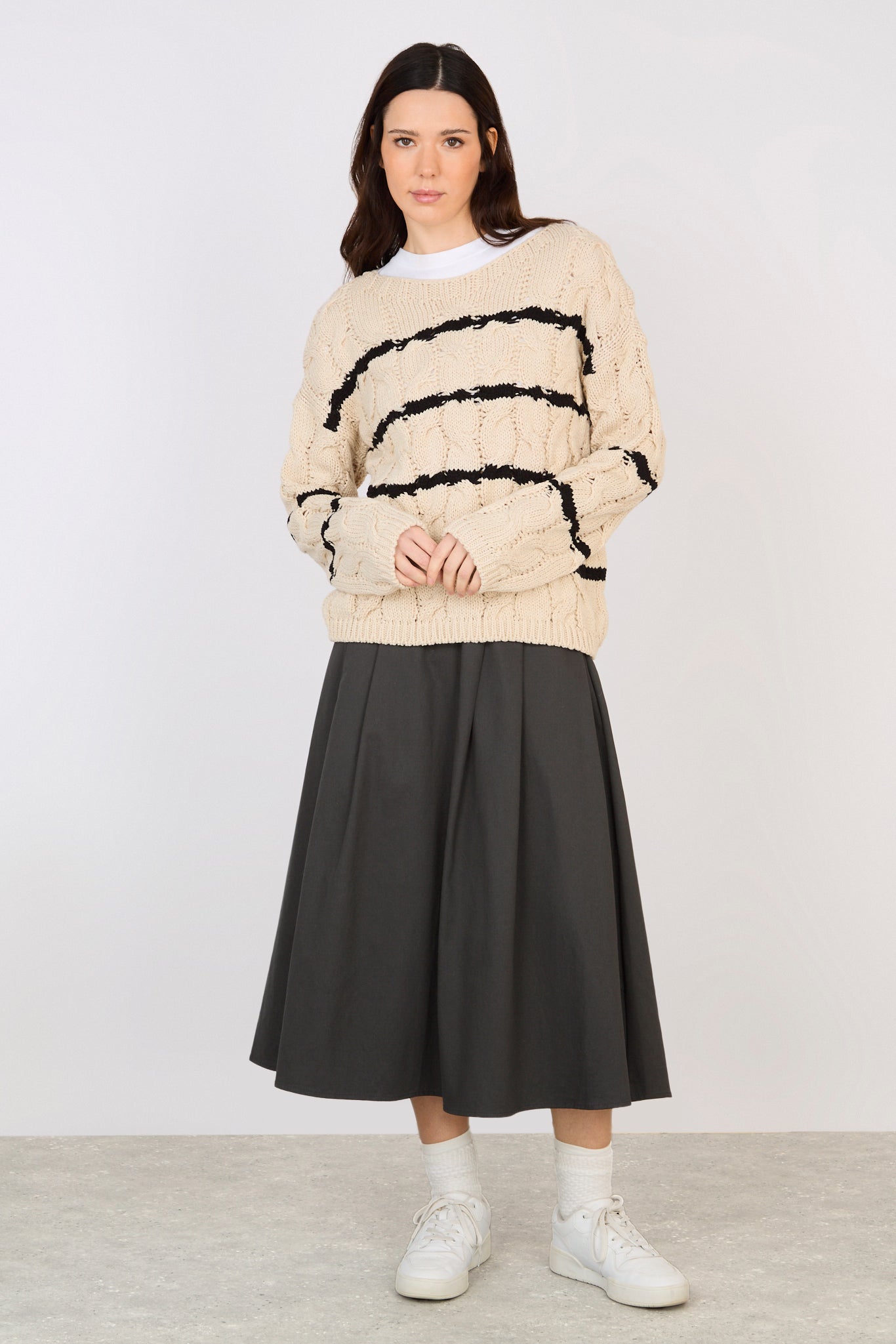 Beige and black striped cable knit jumper