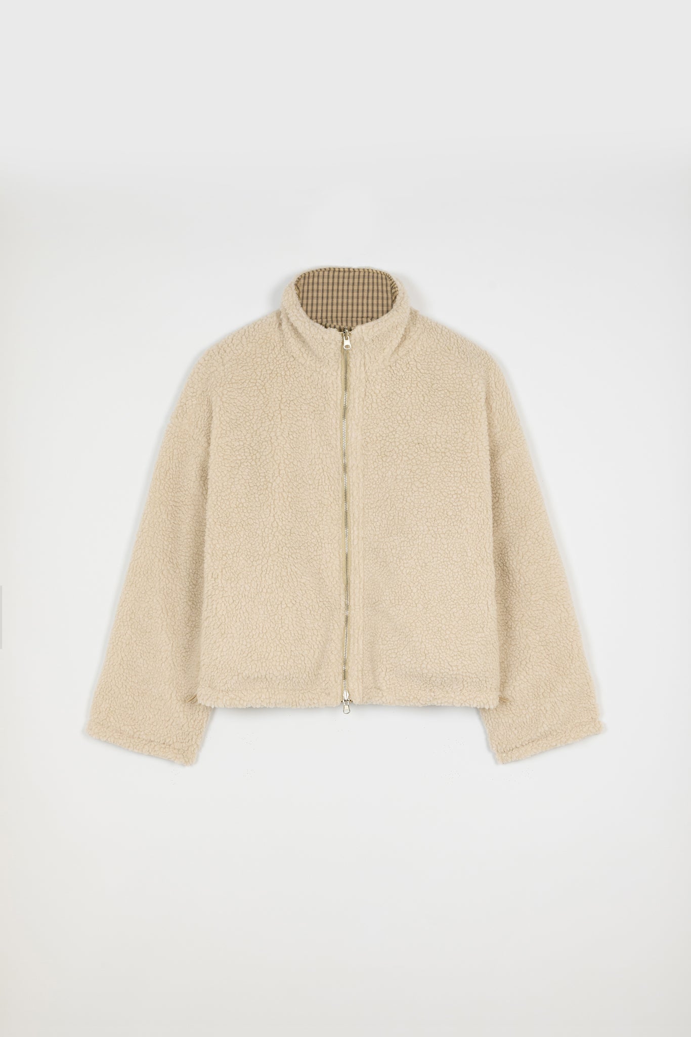 Beige checked reversible teddy fleece jacket_2